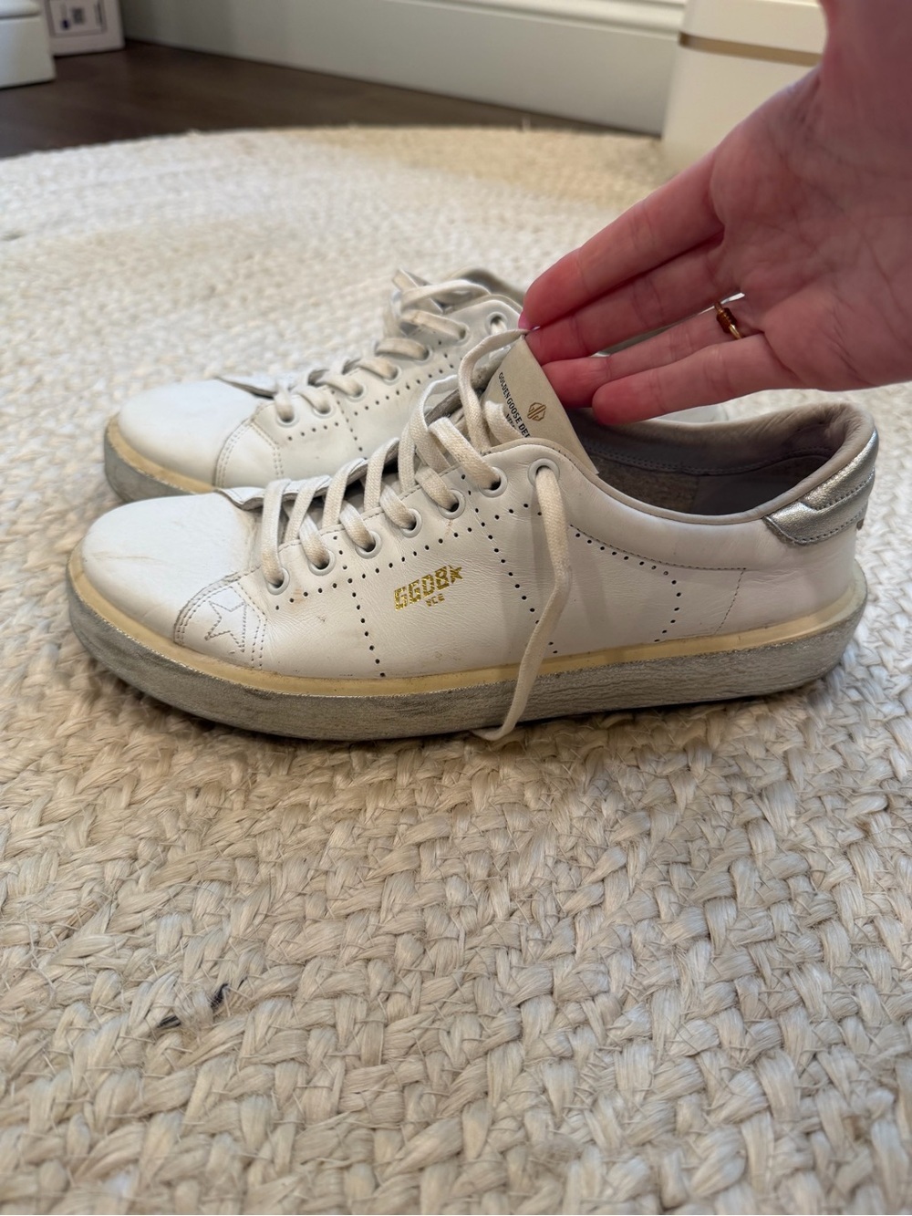 Golden Goose White Leather Sneakers with Silver Heel and Gold Logo